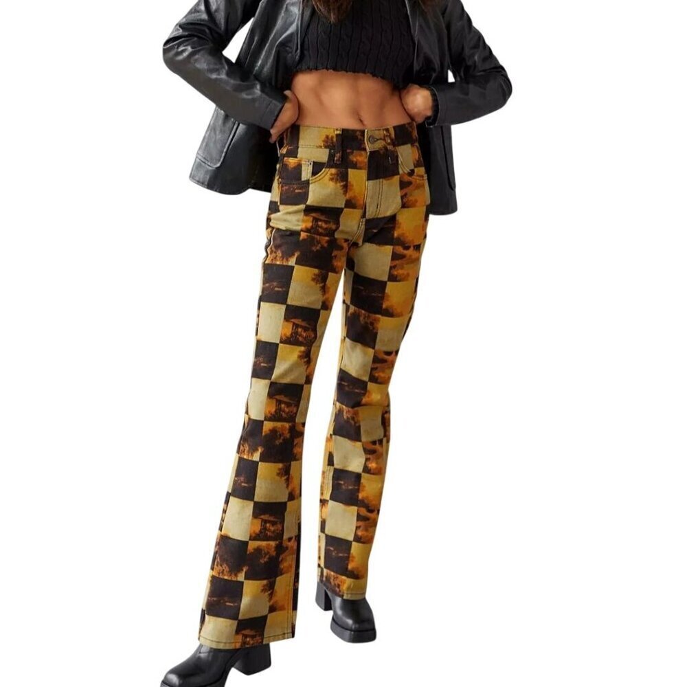 BDG 90s Mid Rise Bootcut Ankle Jeans Brown Mustard Plaid Cut Off Bottom Size 26